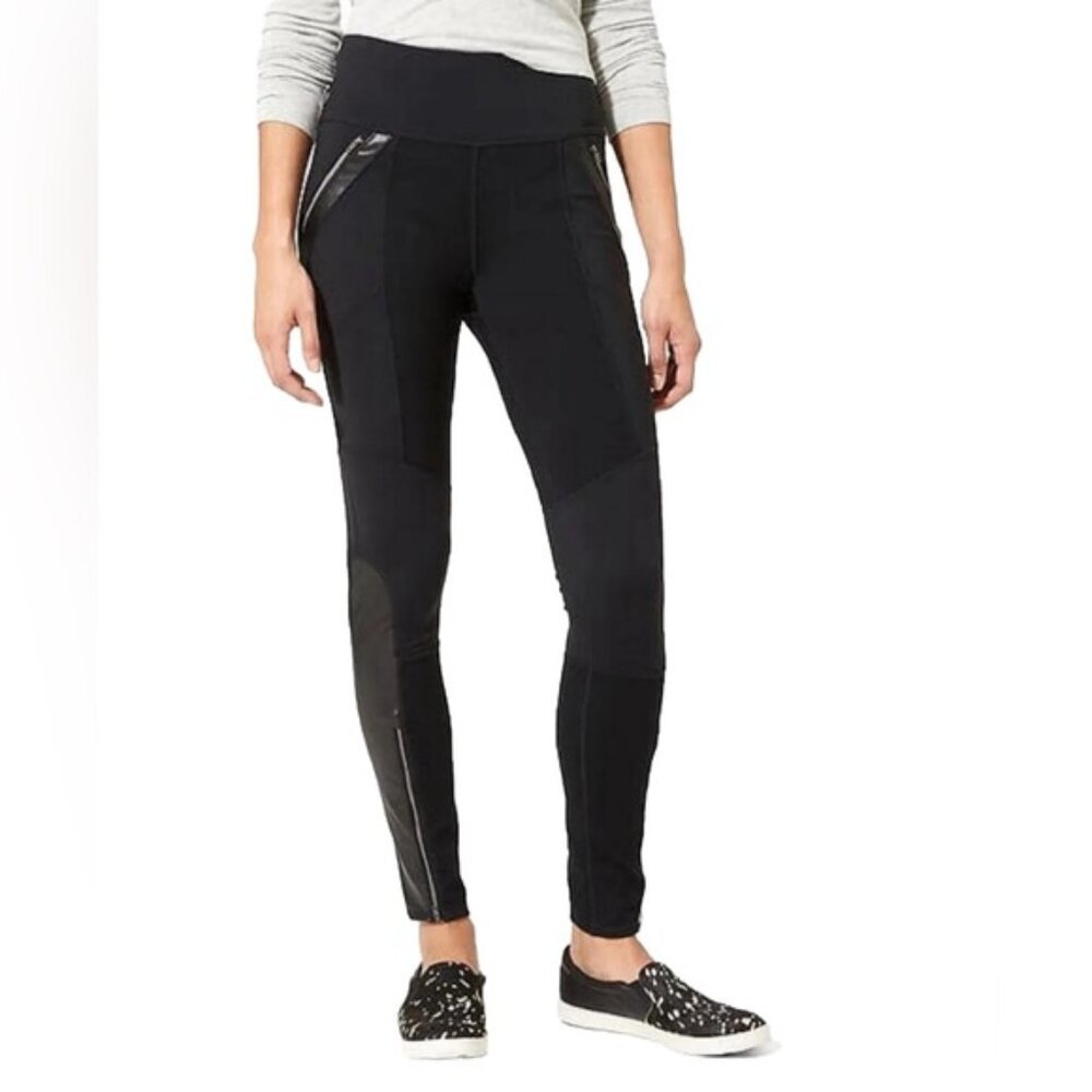 ATHLETA Ponte Luxe Faux Leather Legging Zip Pockets Size ST